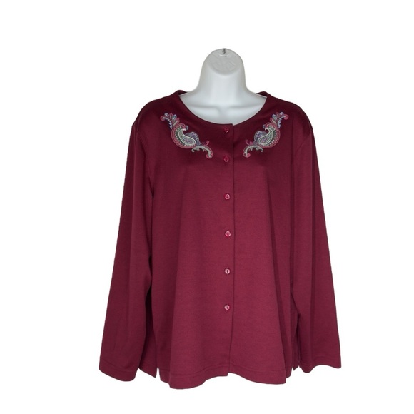 Vintage BonWorth Burgundy Embroidered Paisley Button Up Cardigan Large - Picture 6 of 12
